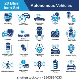 Vehicles Icon Set Collection. Containing technology, transportation, vehicle, car, futuristic, autonomous, transport, autopilot, digital, automatic. Simple Blue Vector Illustration.
