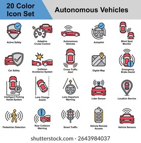 Vehicles Icon Set Collection. Containing technology, transportation, vehicle, car, futuristic, autonomous, transport, autopilot, digital, automatic. Simple Color Vector Illustration.