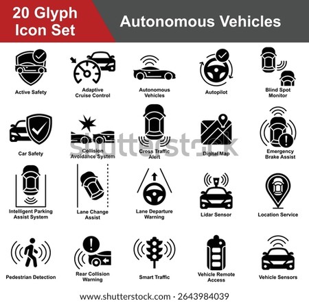 Vehicles Icon Set Collection. Containing technology, transportation, vehicle, car, futuristic, autonomous, transport, autopilot, digital, automatic. Simple Glyph Vector Illustration.