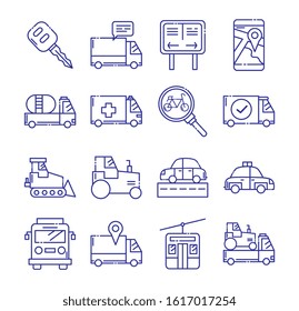 Vehicles icon set design, Transportation travel trip urban motor speed fast automotive and driving theme Vector illustration