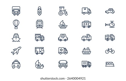 Vehicles icon showcasing various modes of transportation including car, truck, and bus in outline style