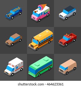 Vehicles Icons Set 1. 3D Isometric Low Poly Flat Design. Vector illustration.