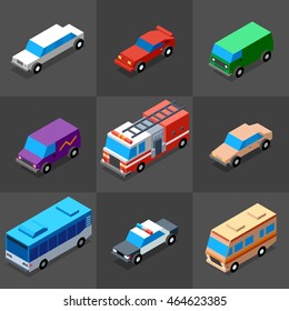 Vehicles Icons Set 2. 3D Isometric Low Poly Flat Design. Vector illustration.