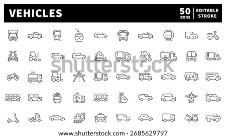 Vehicles icons set with editable line icons – linear, transport, auto symbols