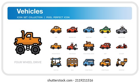 Fahrzeugsymbole Set. UI Pixel Perfect Gut gestaltete Vector Thin Line Icons. Die Illustrationen sind ein Vektor.

