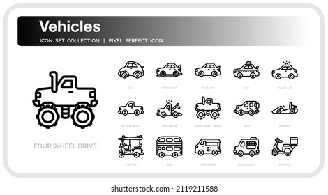Vehicles Icons Set . UI Pixel Perfect Well-crafted Vector Thin Line Icons. The illustrations are a vector.

