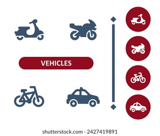 Vehicles icons. Vehicle, car, scooter, moped, motorcycle, bike, bicycle, taxi, cab icon. Professional, 32x32 pixel perfect vector icon.