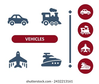 Vehicles icons. Vehicle, car, train, plane, yacht, ship, transportation icon. Professional, 32x32 pixel perfect vector icon.