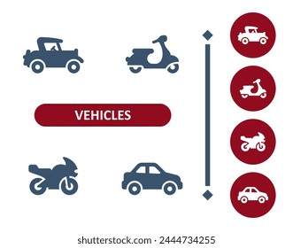 Vehicles icons. Vehicle, cars, car, antique car, classic car, scooter, moped, motorcycle icon. Professional, 32x32 pixel perfect vector icon.