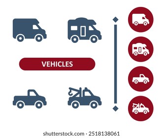 Vehicles icons. Vehicle, cars, car, van, RV, motorhome, pickup truck, tow truck icon. Professional, 32x32 pixel perfect vector icon.