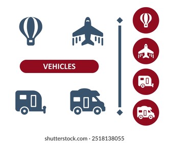 Vehicles icons. Vehicle, hot air balloon, plane, airplane, RV, trailer, motorhome icon. Professional, 32x32 pixel perfect vector icon.