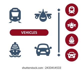 Vehicles icons. Vehicle, public transport, transportation, train, plane, cruise ship, car icon. Professional, 32x32 pixel perfect vector icon.