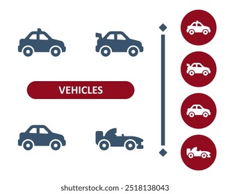 Iconos de vehículos. Vehículo, transporte público, transporte, coche, coches, coche de carreras, coche de carreras, taxi, icono de coche de policía. Profesional, icono de Vector perfecto de 32x32 píxeles.