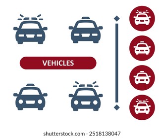 Symbole für Fahrzeuge. Fahrzeug, öffentlicher Verkehr, Transport, Auto, Polizeiauto, Taxi, Taxi-Symbol. Professionell, 32x32 Pixel perfektes Vektorsymbol.