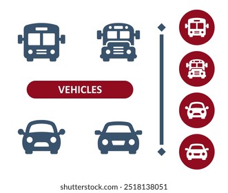 Vehicles icons. Vehicle, public transport, transportation, bus, coach bus, school bus, car icon. Professional, 32x32 pixel perfect vector icon.