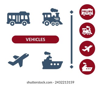 Vehicles icons. Vehicle, transportation, bus, train, locomotive, plane, ship icon. Professional, 32x32 pixel perfect vector icon.