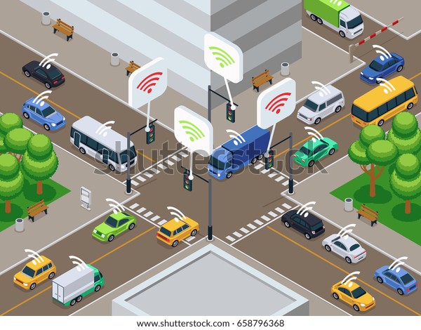 Vehicles with infrared sensor device. Unmanned smart\
cars in city traffic vector illustration. Sensor car autonomous\
drive on road city