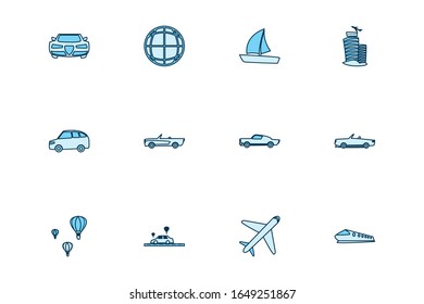 Vehicles line style icon set design. Transportation travel trip urban motor speed fast and driving theme. Vector illustration