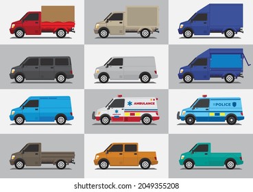 vehicles mini van car template set elements for road or street illustration. 