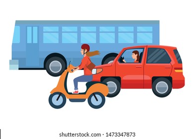 Vehicles and motorcycle drivers riding with helmet in the traffic vector illustration graphic design.