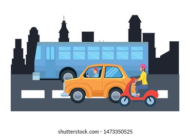 Vehicles and motorcycle drivers riding with helmet in the traffic on the city, urban scenery background ,vector illustration graphic design.