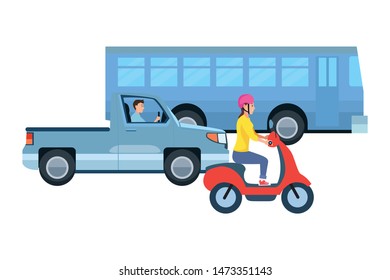 Vehicles and motorcycle drivers riding with helmet in the traffic vector illustration graphic design.
