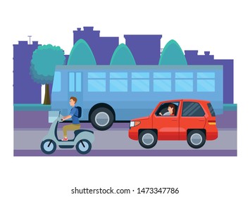 Vehicles and motorcycle drivers riding in the traffic on the city, urban scenery background ,vector illustration graphic design.