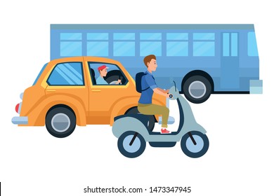 Vehicles and motorcycle drivers riding in the traffic vector illustration graphic design.