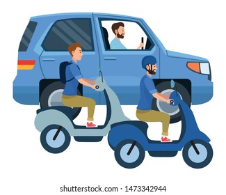 Vehicles and motorcycles drivers riding with helmet in the traffic vector illustration graphic design.