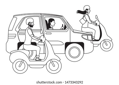 Vehicles and motorcycles drivers riding with helmet in the traffic vector illustration graphic design.