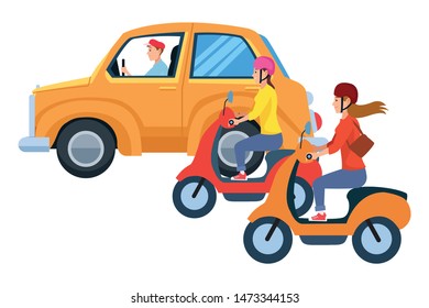 Vehicles and motorcycles drivers riding with helmet in the traffic vector illustration graphic design.