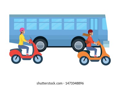 Vehicles and motorcycles drivers riding with helmet in the traffic vector illustration graphic design.