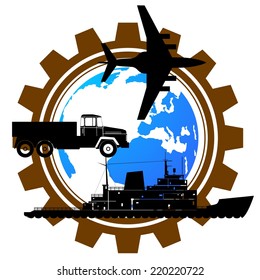 Vehicles on the background of the planet earth and pinion. The illustration on white background.