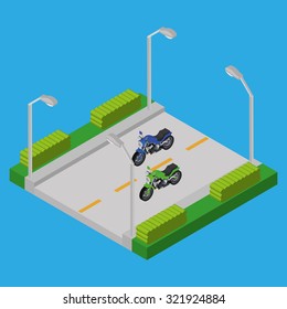 Vehicles on a road on a blue background, isometric