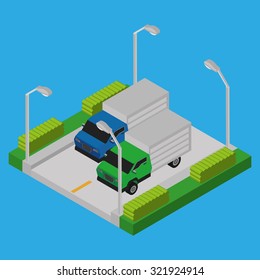 Vehicles on a road on a blue background, isometric