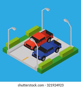 Vehicles on a road on a blue background, isometric