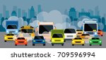 Vehicles on Road with Traffic Jam Pollution, Front View with City Background
