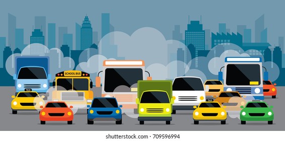 Vehicles on Road with Traffic Jam Pollution, Front View with City Background