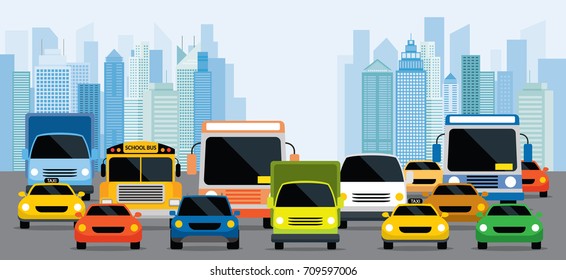 Vehicles on Road with Traffic Jam, Front View with City Background