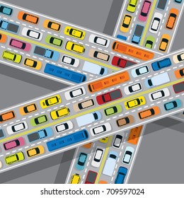 Vehicles on Road with Traffic Jam, Cars, Bus, Taxi, Truck, Top or Above View