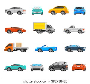 Vehicles orthogonal icons set with cars and trucks flat isolated vector illustration 