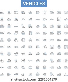 Vehicles outline icons collection. Cars, Trucks, Buses, Motors, Boats, Motorbikes, Scooters vector illustration set. Vans, Lorries, Trailers line signs