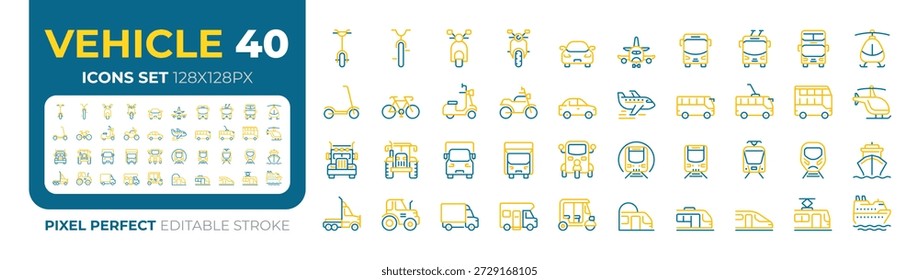 Fahrzeuge Pixel perfekt zwei Farben Linie Symbole gesetzt. Maschinen zum Transport von Personen und Ladungen. Fahrende Autos bicolor Umriss Mega-Pack einzeln. Duotone dünne Lineart. Bearbeitbarer Strich