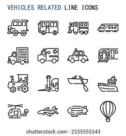 Vehicles related line icons,  Set of simple vehicles related sign line icons, Cute cartoon line icons set, Vector illustration, Types of vehicle line icons 