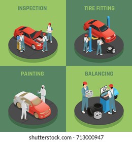 Vehicles repair and maintenance autoservice concept 4 isometric background icons square with car inspection balancing fitting vector illustration 