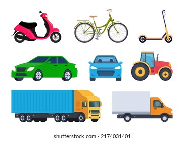 Vehicles, set. Car, bicycle, moped, electric scooter truck tractor Vector illustration in flat style