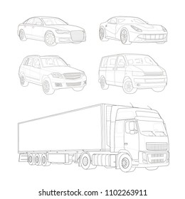 Vehicles set. High-end car, off-road, sports car, van and truck.  Vector draw with black lines. Technical drawing 
