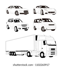 Vehicles set. High-end car, off-road, sports car, van and truck.  Vector draw with black lines. Technical drawing 