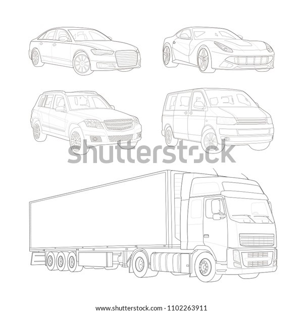 Vehicles set.\
High-end car, off-road, sports car, van and truck.  Vector draw\
with black lines. Technical drawing\
