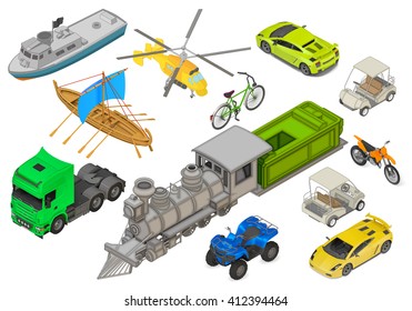 Vehicles set of isometric flat vector 3d illustrations - modern coupe car, yacht, fishing boat, sailboat, yellow helicopter, retro locomotive, bicycle, cargo truck, quad ATV bike. Transport types kit.